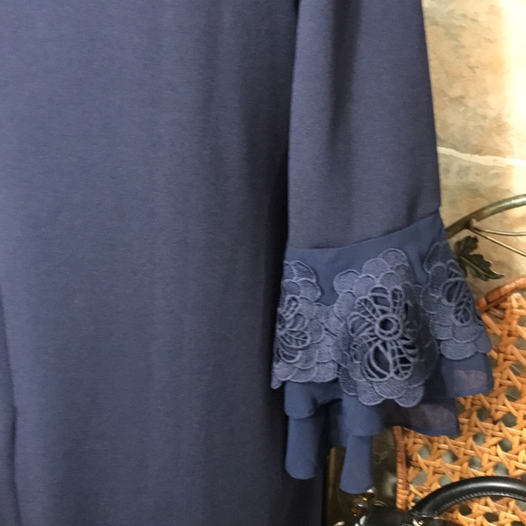 Nina Leonard 🌹 stunning deep rich navy blue dress flowered lace bell sleeve - Picture 7 of 14